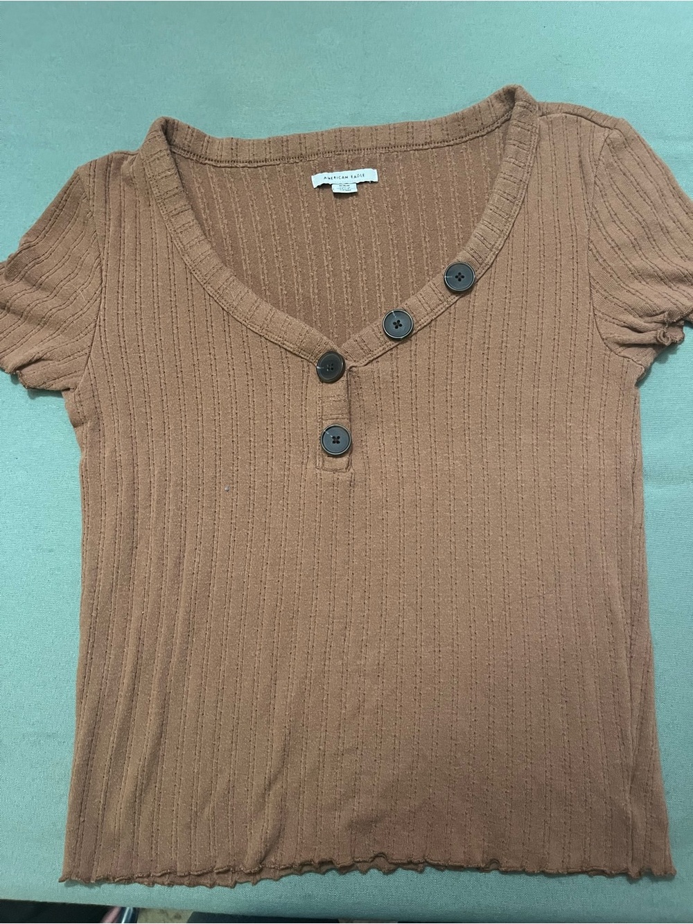 American Eagle Brown Ribbed Short-Sleeve Henley Top